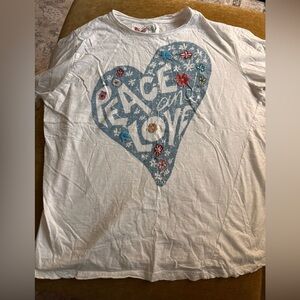 Peace and Love graphic tee with embroidery accents